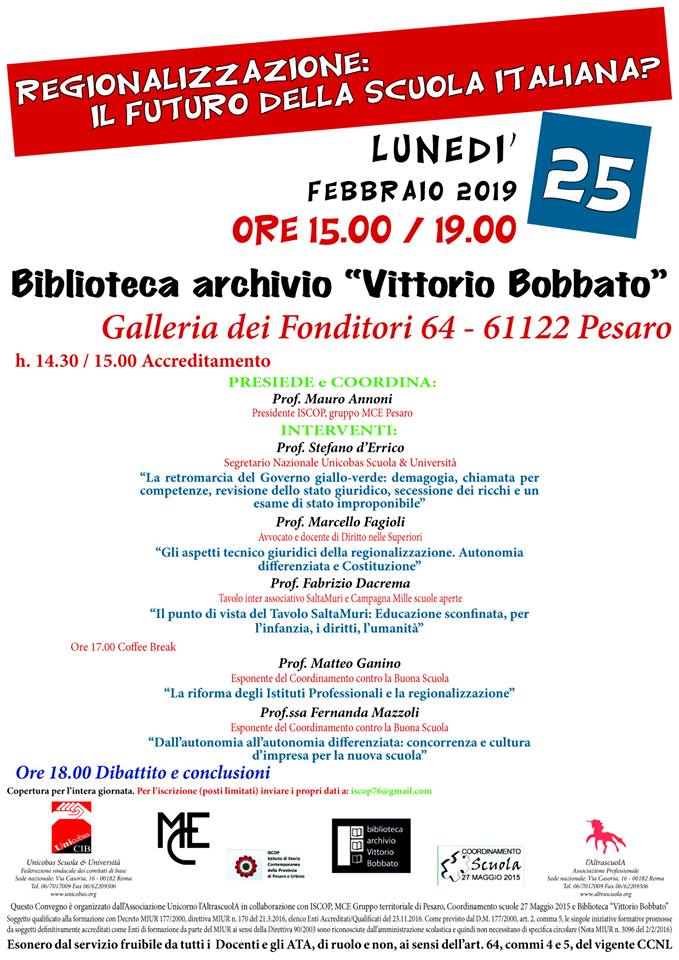 25 febbraio: Pesaro. Regionalizzazione, il futuro della scuola italiana?