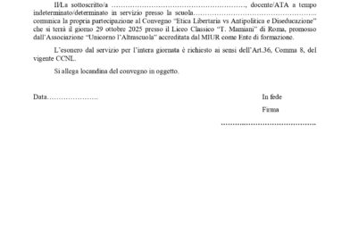 Esonero convegno “Etica libertaria vs Antipolitica e diseducazione”.