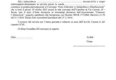 Esonero convegno “Etica libertaria vs Antipolitica e diseducazione”.